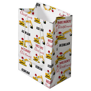 Christmas Excavator Construction Truck Custom Name Medium Gift Bag