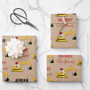 Christmas Excavator Construction Truck Custom Name Wrapping Paper Sheet