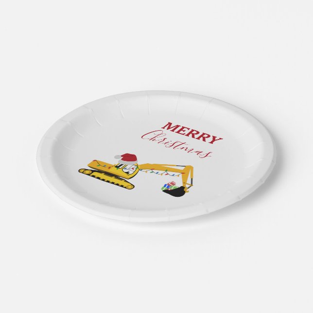 Christmas Excavator Construction Truck  Paper Plate (Angled)