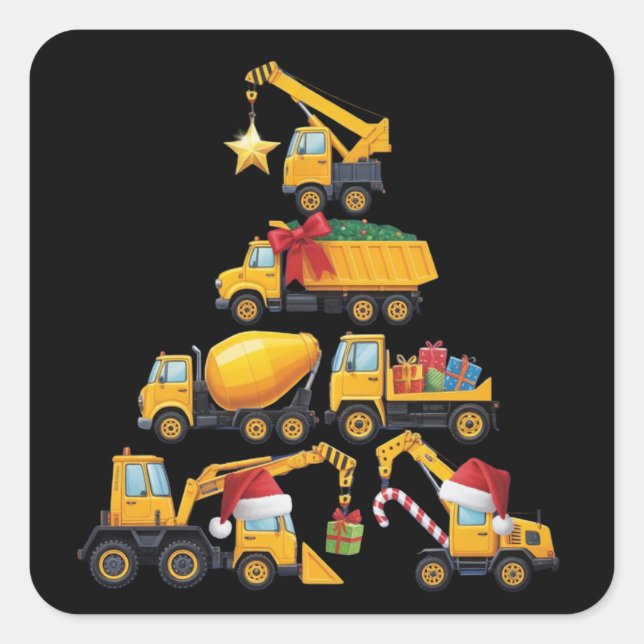 Christmas Excavator Construction Truck Tree Square Sticker (Front)