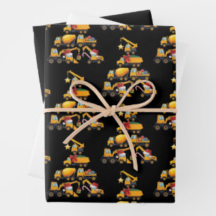Christmas Excavator Construction Truck Tree Wrapping Paper Sheet