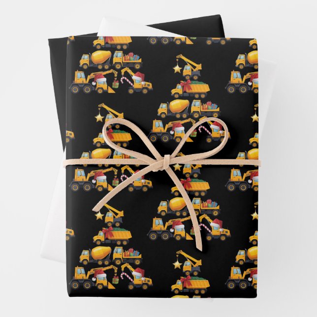 Christmas Excavator Construction Truck Tree Wrapping Paper Sheet (In situ)