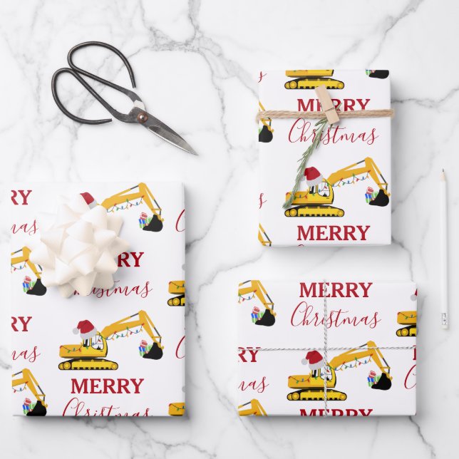 Christmas Excavator Construction Truck Wrapping Paper Sheet (Front)
