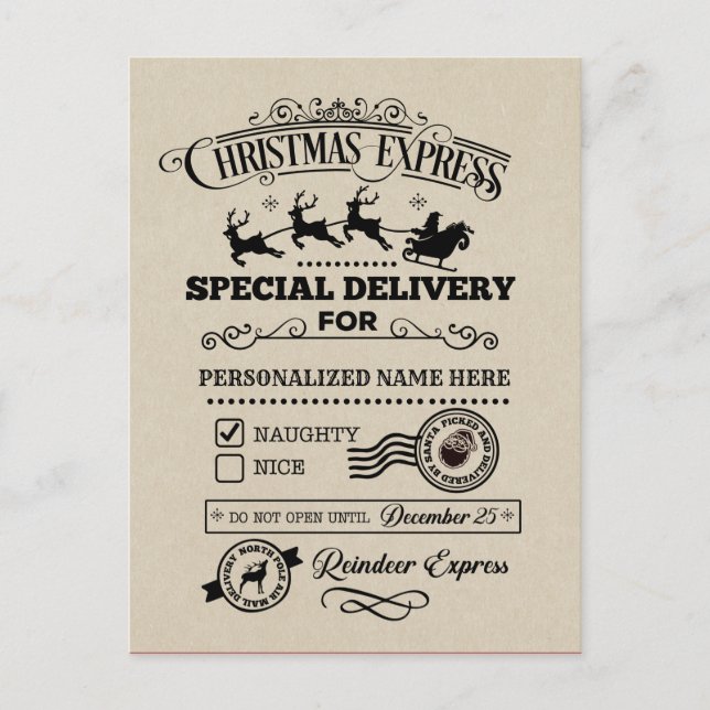 Christmas Express Special Delivery NAUGHTY List Holiday Postcard (Front)