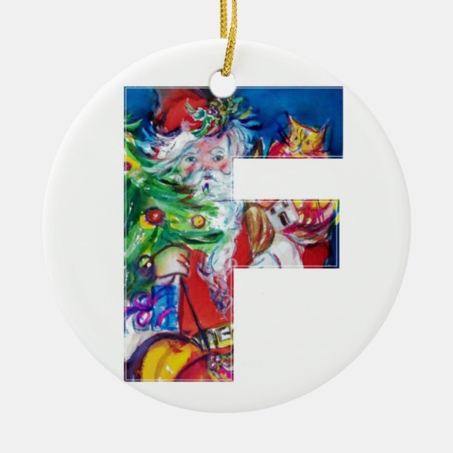 CHRISTMAS F LETTER / SANTA WITH CHRISTMAS TREE CERAMIC ORNAMENT (Front)