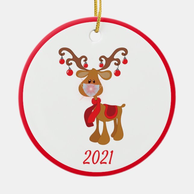 Christmas Face Mask Rudolph Reindeer 2021 Ceramic Ornament (Front)