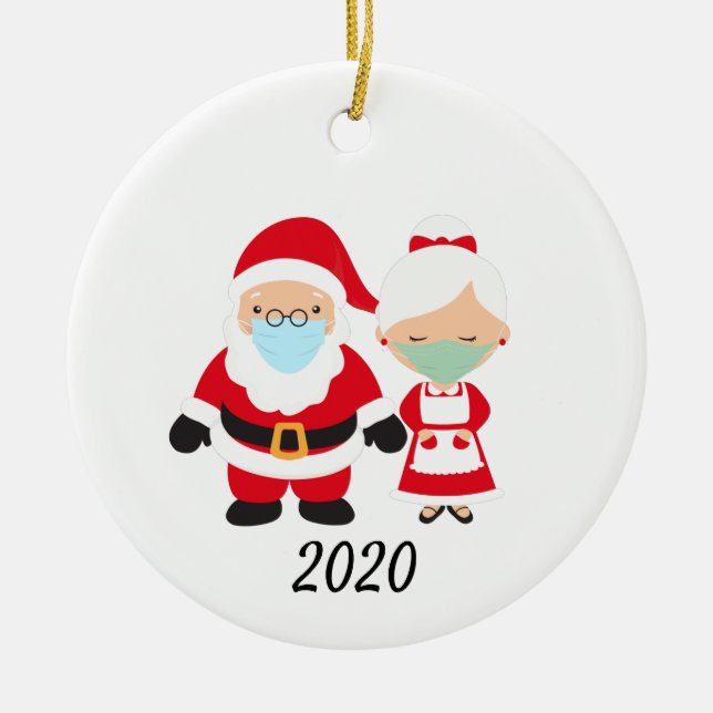 Christmas Face Mask Santa and Mrs. Claus Ceramic Ornament (Front)