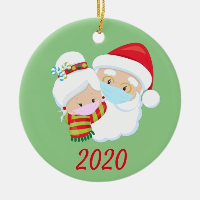 Christmas Face Mask Santa and Mrs. Claus Ceramic Ornament (Front)