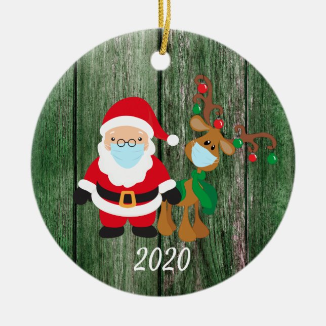 Christmas Face Mask Santa and Reindeer 2020 wood Ceramic Ornament (Front)