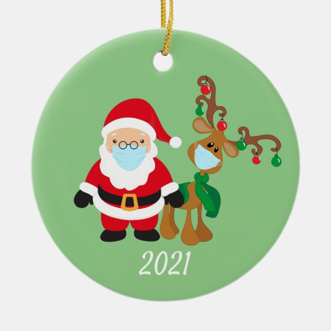 Christmas Face Mask Santa and Reindeer 2021 Ceramic Ornament (Front)