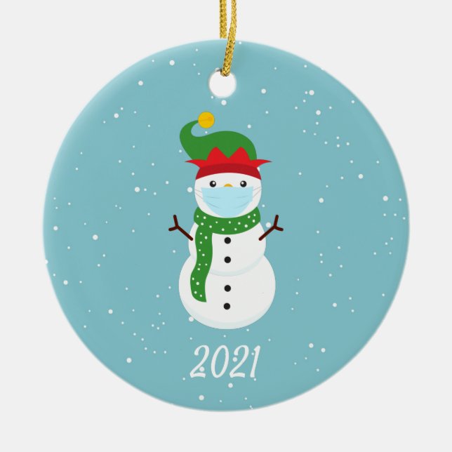 Christmas Face Mask Snowman 2020 Ceramic Ornament (Front)