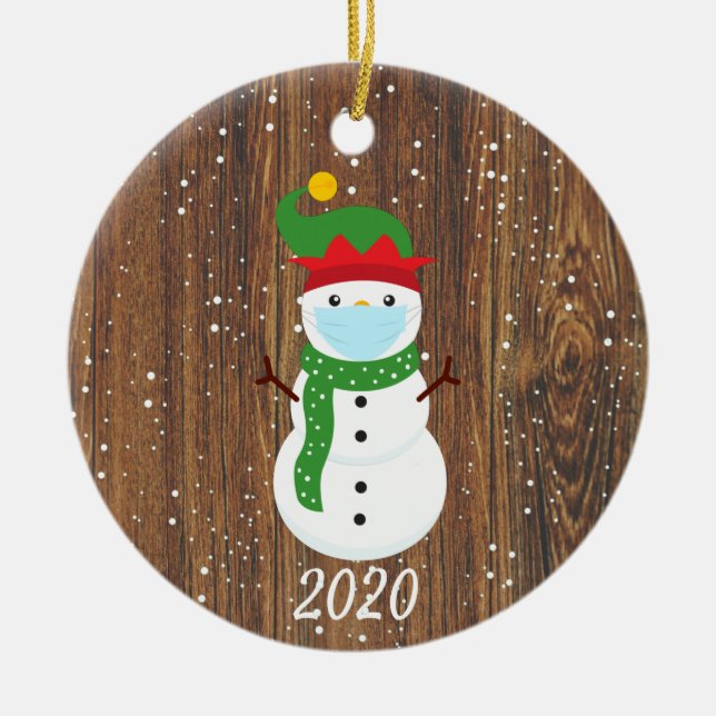 Christmas Face Mask Snowman 2020 Wood Ceramic Ornament (Front)