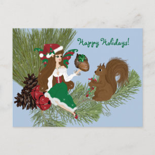 Christmas Faery and Squirrel Gift Giving Postcard