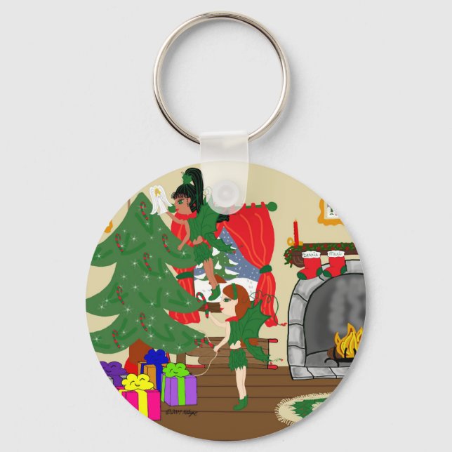 Christmas Fairies Trimming the Tree Keychain (Front)