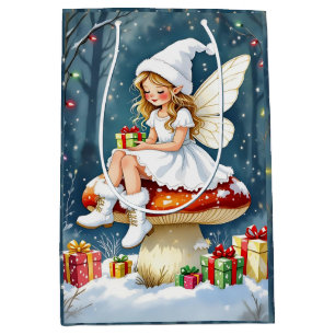 Christmas Fairy atop a Mushroom Cottage Core Medium Gift Bag