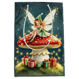 Christmas Fairy atop a Mushroom Cottage Core Medium Gift Bag