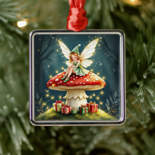Christmas Fairy atop a Mushroom Cottage Core Metal Ornament