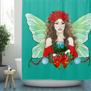 Christmas Fairy Brunette Red Green Poinsettias