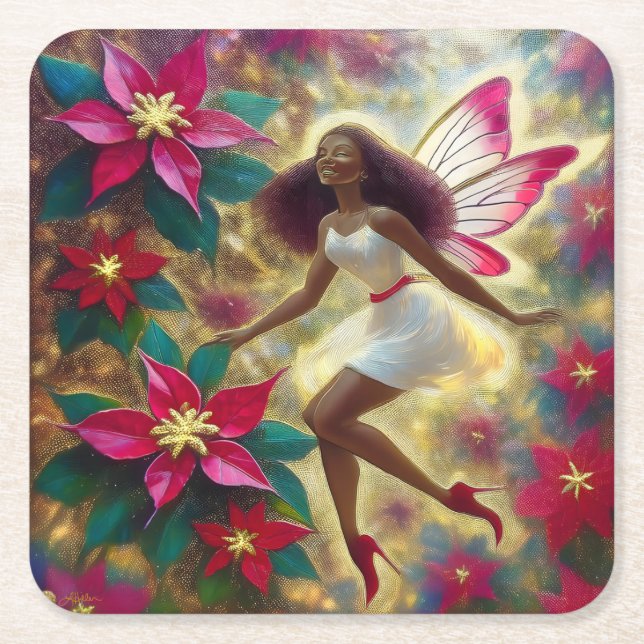 Christmas Fairy Collection - Auburn Natural Hair Square Paper Coaster (Front)