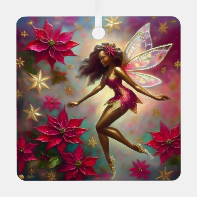 Christmas Fairy Collection - Brown Natural Hair Metal Ornament (Front)