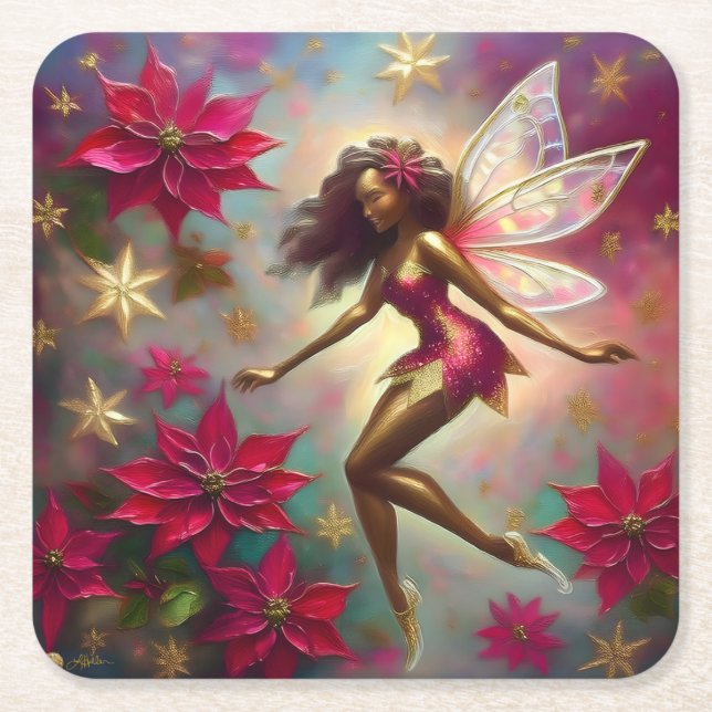 Christmas Fairy Collection - Brown Natural Hair Square Paper Coaster (Front)