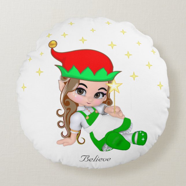 Christmas Fairy Dressed in Green & Stars Round Pillow (Front)