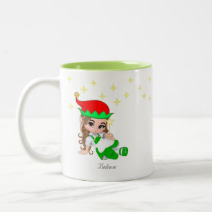 Christmas Fairy Dressed in Green & Stars Two-Tone Coffee Mug