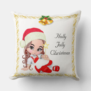 Christmas Fairy Dressed in Red & Golden Bells Throw Pillow