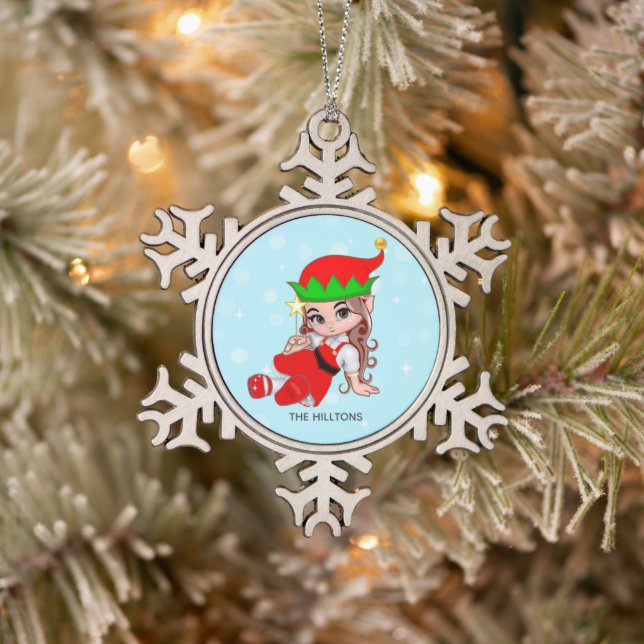 Christmas Fairy Elf Holding a Star Snowflake Pewter Christmas Ornament (Tree)