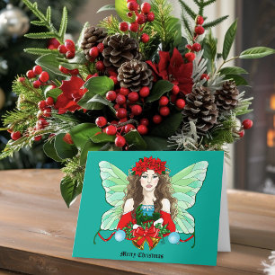 Christmas Fairy Fantasy Holly Bells Poinsettias Card