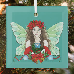 Christmas Fairy Fantasy Holly Bells Poinsettias Glass Ornament