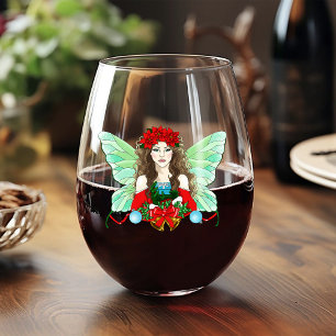 Christmas Fairy Fantasy Holly Bells Poinsettias   Stemless Wine Glass