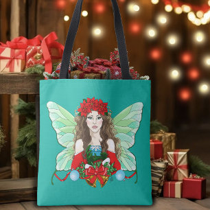 Christmas Fairy Fantasy Holly Bells Poinsettias Tote Bag