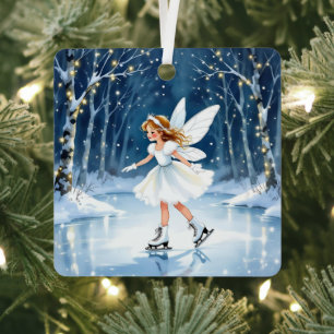 Christmas Fairy Ice Skating in an Enchanted Forest Metal Ornament