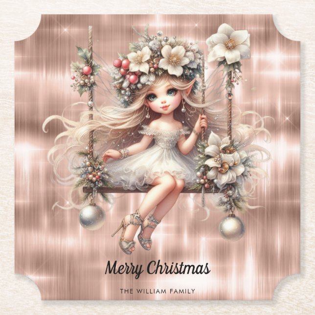 Christmas Fairy on Sparkle Rose Gold Background Paper Coaster (Front)