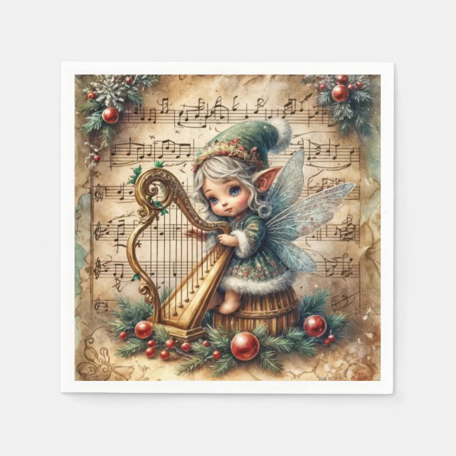 Christmas Fairy Playing a Harp Napkin (Front)