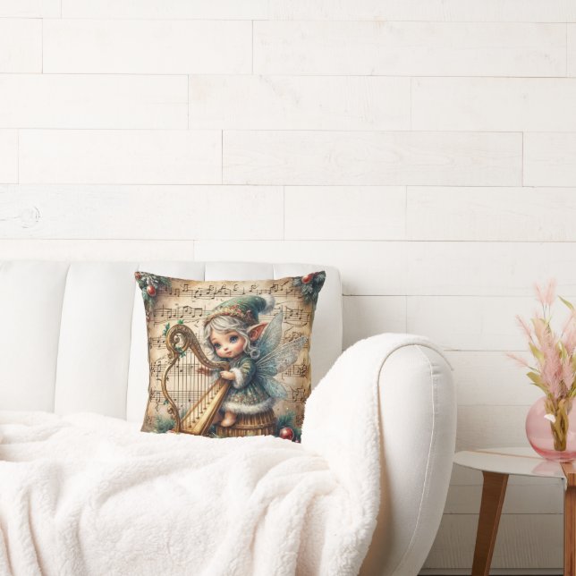 Christmas Fairy Playing a Harp Throw Pillow (Couch)