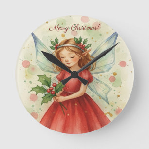 Christmas Fairy Watercolor Art Holiday Round Clock