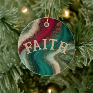Christmas Faith Evergreen Cranberry & Gold Ceramic Ornament