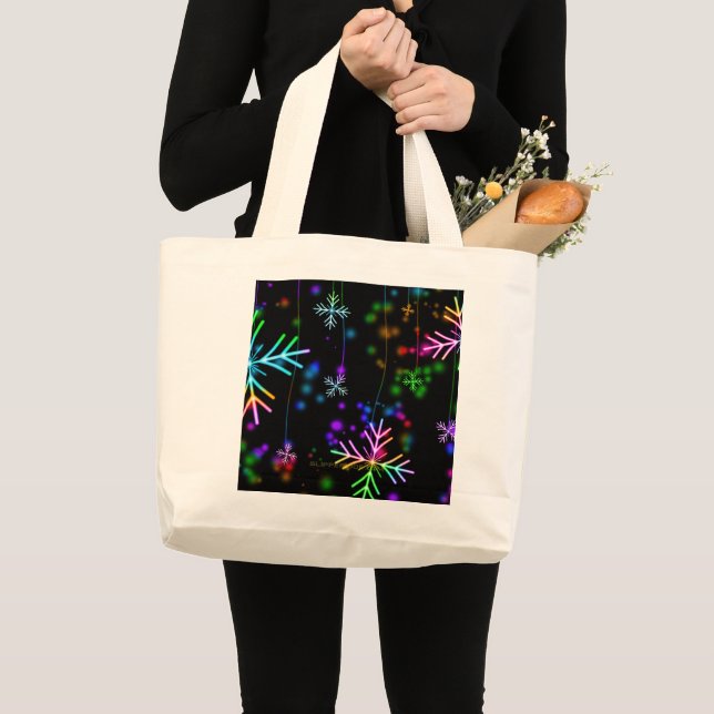 Christmas falling various neon colours snowflakes  large tote bag (Front (Product))