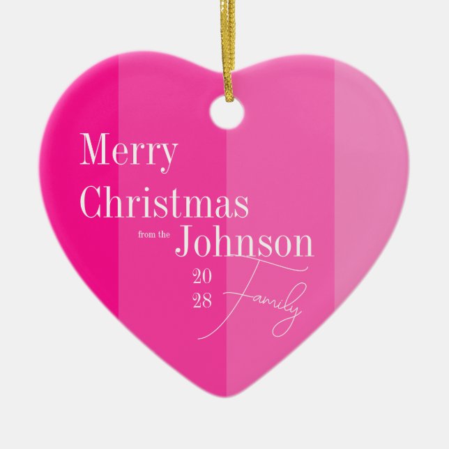 Christmas Family Hot Pink Stripe Ceramic Ornament (Front)