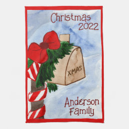 Christmas Family Mailbox Candy Cane Greenery Kitchen Towel