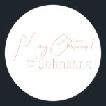 Christmas Family Minimal Boho White Classic Round Sticker<br><div class="desc">This is a stylish minimal, boho, themed, Christmas design in white. It has the message, "Merry Christmas! from the Johnsons" in stylish retro style font. Ideal for your Christmas gift wrap, mailing accessories. envelope seals, and party favour seals this festive season. To personalize, simply add your name in the personalize...</div>