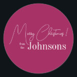 Christmas Family Name Berry Classic Round Sticker<br><div class="desc">This is a modern, Merry Christmas design. It is in trending berry and white and has the message, "Merry Christmas! from the Johnsons". Ideal for your Christmas gift wrap, mailing accessories. envelope seals, and party favour seals this festive season. To personalize, simply add your name in the personalize this text...</div>