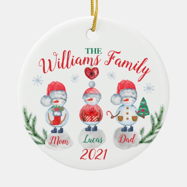 Christmas family name kids Snowman watercolor Ceramic Ornament (Front)