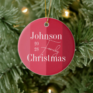 Christmas Family Name Modern Red Stripes Ceramic Ornament