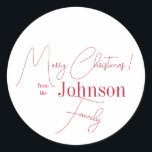 Christmas Family Name Red and White Classic Round Sticker<br><div class="desc">This is a modern, Christmas design. It is in minimal red and white and has the message, "Merry Christmas! from the Johnson Family". Ideal for your Christmas gift wrap, mailing accessories. envelope seals, and party favour seals this festive season. To personalize, simply add your name in the personalize this text...</div>