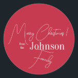 Christmas Family Name Red Classic Round Sticker<br><div class="desc">This is a modern, Christmas design. It is in festive red and white and has the message, "Merry Christmas! from the Johnson Family". Ideal for your Christmas gift wrap, mailing accessories. envelope seals, and party favour seals this festive season. To personalize, simply add your name in the personalize this text...</div>
