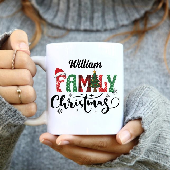 Christmas Family Name Tree Modern Script Green Red Two-Tone Coffee Mug (Christmas Family Name Tree Modern Script Green Red Two-Tone Coffee Mug)