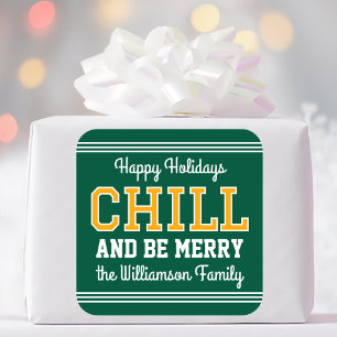 Christmas Family Name Typography Green Yellow Square Sticker